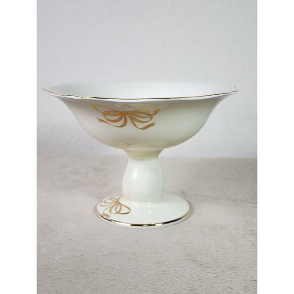 Teleflora Candy Dish Pedestal Bowl 5" Ivory Gold Trim Compote Dish 80s Korea - Picture 5 of 13